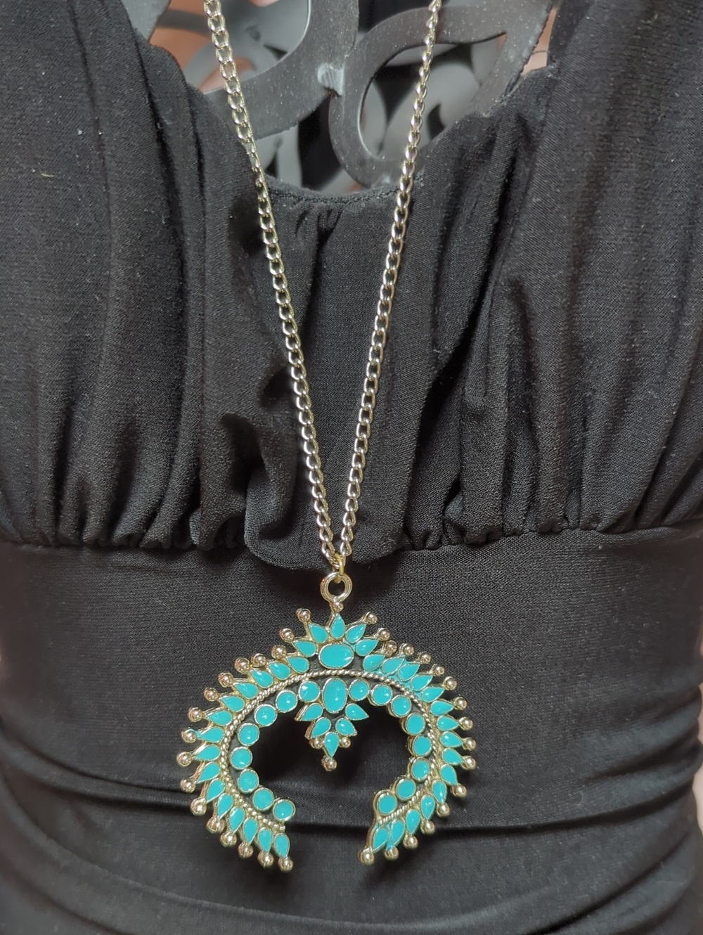 VTG 70s Boho Naja Necklace Faux Turquoise Crescent Southwest Pendant + FREE GIFT